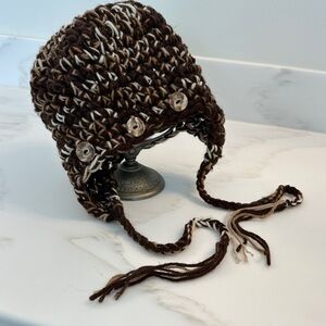 Brown and White Knit Hat with Buttons